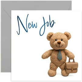 Cute New Job Cards for Him - Stuffed Teddy Bear with Tie and Briefcase Design - Traditional Well Done Gifts for Men - Perfect for Son, Husband, Nephew, Brother, Dad