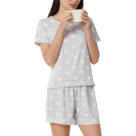 LNFINTDO Women Pajamas Set Summer Short Sleeve Womens Loungewear Sets Love Heart Print Two Piece Pjs for Ladies Soft Nightwear and Sleepwear
