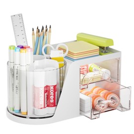 Marbrasse Desk Organiser, 360 Degree Rotating Pen Holder, Desk Organiser, Accessories with 5 Compartments, Pencil Organiser, Art Supplies, Storage Box for Home Office (White with Drawer)