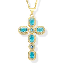 LEVLANC 18K Gold Plated Dainty Cross Necklace for Women | Blue Cubic Zirconia Cross Necklace for Women | CZ Cross Pendant | Crucifix Necklace Women | Christian Jewelry For Women | Includes Gift Box