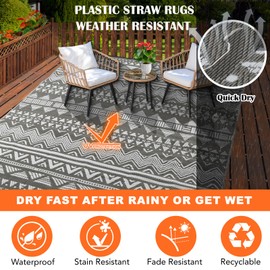 Outdoor Rug 5x7 Waterproof Outdoor Plastic Straw Rugs for Patio Decor, Double Woven Fade Resistant Reversible Porch Rug for Patio Deck Balcony Picnic,Easy Clean, Gray White Stripe Outside RV Camp Mat