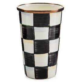 MACKENZIE-CHILDS Enamel Tumbler, Open Tumbler Cup, Cute Enamelware Cup, 10 Ounces, Black-and-White Courtly Check