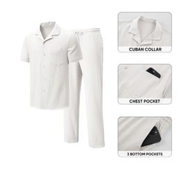JMIERR Men Beach 2 Piece Outfit White Matching Set Shirt Casual Loose Fit Lounge Sets Holiday Linen Pants, M