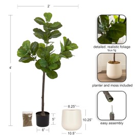Kate and Laurel Fidmont Faux Fiddle Fig Tree with Jia Curved Planter Pot, 4 FT, Cream, Potted Artificial Tree Indoor with Realistic Foliage and Added Moss, Fake Plant for Living Room Decor