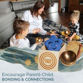 Ohm Store Pure Bronze Tibetan Singing Bowl Set — Children's Musical Percussion Instrument for Meditation and Mindfulness Practices — Little Ohmies Skye Character Pillow and Bronze Sound Bowl