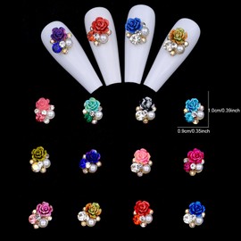120PCS Y2K Nail Rhinestones Flowers - 3D Flower Nail Charms with Rhinestone, 12 Colors Floral Nail Jewelry Decor Accessories for Nails/Phone/Craft (Gold, Gift Ready)