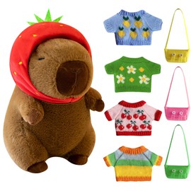 CESHMD Capybara Plush Toy, 23 cm Capybara Cuddly Toy with Strawberry Hat, 4 Sweaters & 3 Pockets, Soft Plush Toy for Children, Home Decoration & Birthday Gift