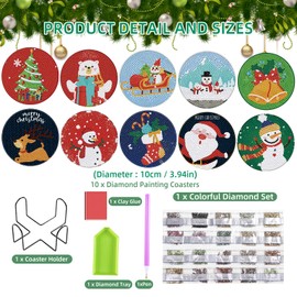 JHGCVX 10 Pcs Christmas Diamond Painting Coasters Kit, DIY Christmas Diamond Painting Coasters for Adults