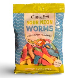 Sour Neon Gummy Worms by Coastal Bay Confections - 6 Oz - Approx 40 Pieces
