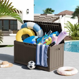 Greesum 100 Gallon Resin Deck Box Large Outdoor Storage, Imitation Rattan Weave Texture for Patio Furniture, Garden Tools, Pool Supplies, Weatherproof and UV Resistant, Lockable, Light Coffee