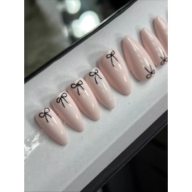 Handmade  CUSTOM Hard Gel Press On False Nails, Pink BOW 10p Set Medium Almond W Kit