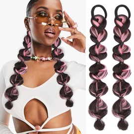 Braided Ponytail Extension with Hair Tie Pink and Black Bubble Wrap Around Pony Tail Hair Extensions 2 Pcs Natural Soft Elastic Hair Band Hairpieces Synthetic Hair Piece for Women Daily Wear