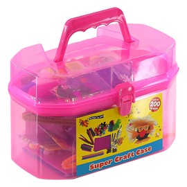 The Magic Toy Shop Kids Giant Mega Super Craft Art Carry Case with over 200 Pieces - Feathers, Pom Poms, Beads, Sticks, Neon Laces, Wool, Sequins, Gems, Googly Eyes, Glitter Glue (Pink)