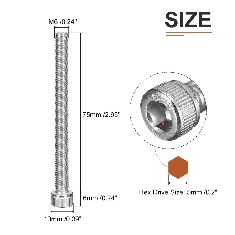 DTGN M6x75mm Socket Head Cap Screws Bolts, 10Pcs 304 Stainless