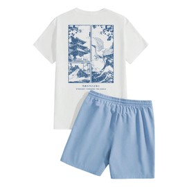 BEAUDRM Men's 2 Piece Tracksuits Short Sleeve Graphic T Shirts and Drawstring Running Shorts Summer Vacation Streetwear Blue X-Small