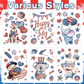 Heirloom Haven 6 Sheets 4th of July Patriotic Window Clings Stickers,Watercolor Animals Fireworks and Stars Double-Sided Window Decals for Independence Day Store Glass Home Holiday Decoration