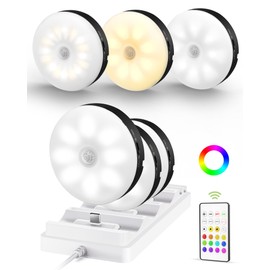EZVALO Under Cabinet Lighting with Charging Station,1000mAh Rechargeable Puck Lights with Remote, 3 Color Temps & 12 RGB Closet Lights, Dimmable Motion Sensor Lights for Shelf, Kitchen (6 Packs)