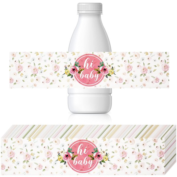 48 Pieces Pink Baby Shower Water Bottle Labels Floral Baby Shower Decorations Waterproof Water Bottle Stickers Wrappers for Pink Floral Themed Baby Shower Favors for Girls
