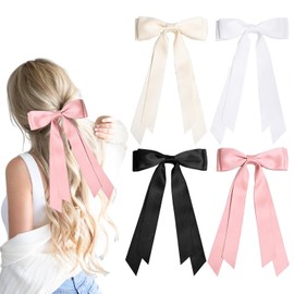 4Pcs Bow Hair Clips, Silky Satin Ribbon Hair Bows with Metal Clip, Tassel Hairs Clips with Long Tail, French Barrette Hairs Barrettes with Bow Accessories for Women Girls(Beige/White/Pink/Black)