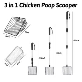 3 in 1 Chicken Poop Scooper, Chicken Coop Scoop, Double Strip Mesh Shovel Replacement Head 6 Inch and 4 Inch, Stretchable 22.4 to 42 Inch Poop Scoop Litter Sifter Farm Cat Coop Cleaning Tools