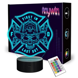 Anywin 3D Night Light for Firefighter, 16 Colors Change Smart Touch & Remote Control, Home Decor LED Bedside Table Desk Lamp, Christmas Birthday Gift for Man Husband Boy Kids Firemen