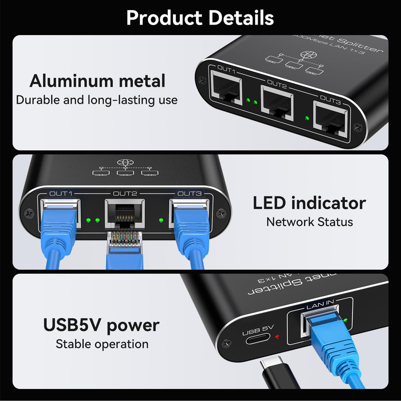 PVBCTCSID Ethernet Splitter 1 to 3 1000Mbps Internet Splitter High