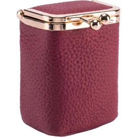 Estuche para lápiz labial con espejo, bolsa retro con cierre Kiss, organizador de maquillaje de piel vaca capa superior premium para llevar, bolsa cierre Kiss rojo vino