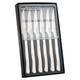 Arcos 4 Inch Serrated Steak Knives Set of 6. Meat Knife with Smooth Edge for Cutting and Fillet. Monoblock Stainless Steel Blade and Handle. Series Mesa
