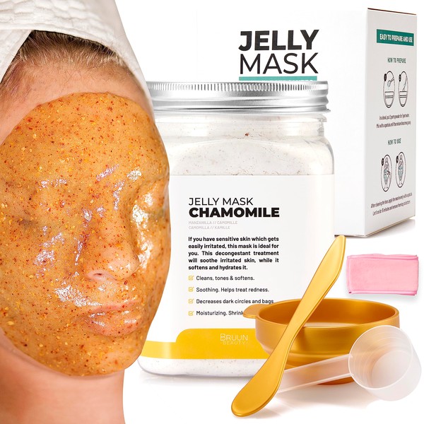BRÜUN Peel-Off Chamomile Jelly Mask for Face Care - A 23 fl oz Rubber Mask Jar for 30 to 35 Treatments - A Skin Care Moisturising Gel Mask of Spa Set for Men, Women and Adults