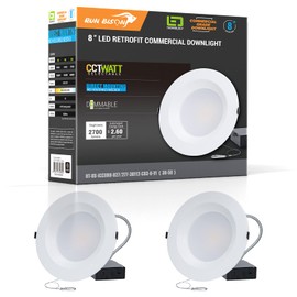 Run Bison 8 Inch Recessed LED Commercial Downlight with J-Box, Wattage Adjustable 16/21/27W,3 Color Selectable 3000K-5000K, 120-277V,0-10V Dimmable, IC Rated,Canless LED Downlight-2 Pack