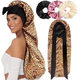 1+3 Long Satin Bonnets with Scrunchies for Women Sleeping, Double Layer Large Braid Bonnet with Tie Band, G