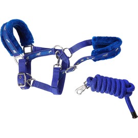 Equine NEW Horse print fur padded headcollars halter + matching lead ROYAL BLUE (FULL)