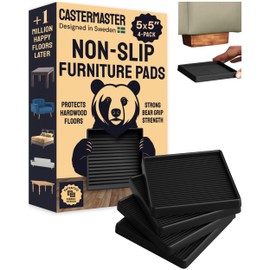 CasterMaster Non-Slip Furniture Pads for Hardwood Floors - 5 in x 5 in Pack of 4 - Black - Heavy-Duty Rubber Feet & Floor Protectors for Furniture - Noise-Dampening Anti-Skid Caster Cups