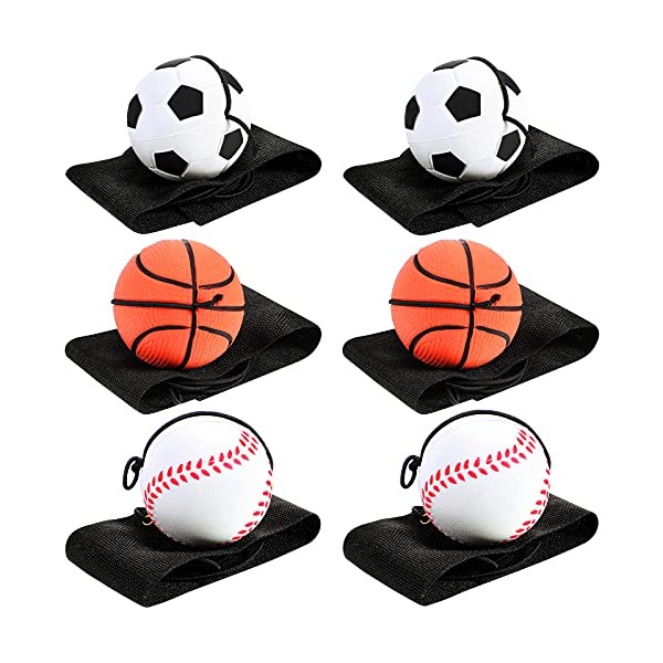 6 Pieces Wrist Return Ball Sports Wrist Ball Includes Basketball, Baseball and Football On A String Rubber Rebound Ball Wristband Toy for Children Kids Party Favor, Exercise or Play (Multi-color)