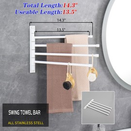 GERZWY Wall Mount Bath Towel Rack with 4 Arms Stainless Steel Bathroom Swing Arm Towel Bars Organizer, White