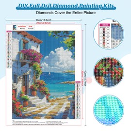 Bowetile DIY Scenery Diamond Painting, Seaside House Diamond Art Painting Kits for Adults, Landscape Full Drill Painting Rhinestone Embroidery Pictures for Beginner Home Wall Decor 30x40 cm