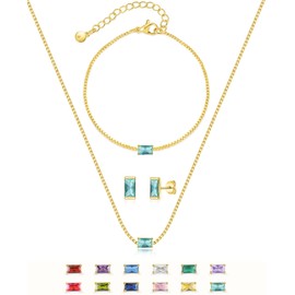Birthstone Bracelet Necklace Earring Set for Women 18K Gold Plated Stainless Steel Birth Link Bracelet Pendant Studs Birthday Jewelry Gift for Mother and Daughter (March Aquamarine)