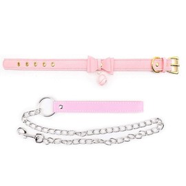 LEWECEEO Women Bow Collar Necklace Choker with Bell Cat Cosplay Kitty Necklace with Chain Leash (Pink)