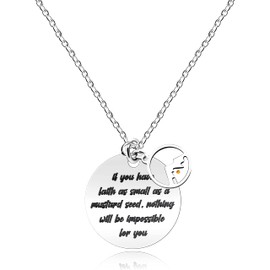 Uloveido Inspirational Bible Verse Round Pendant Christian Faith of a Mustard Seed Necklace with Round Mountain Charm Y820 (Round Mountain)
