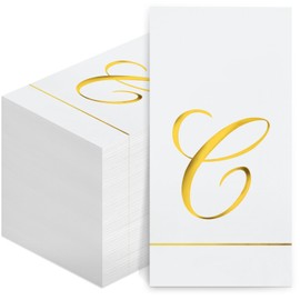 Pasimy 100 Pcs Initial Napkins Monogram Guest Napkins Gold Letter Paper Towels Disposable Elegant Dinner Towels for Wedding Bridal Shower Holiday Birthday Party Tableware Decor(C Letter)
