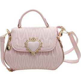 SURPRISE PIE Women Leather Quilted Handbag Top Handle Satchel Bag with Heart Crown Decoration, Pink, Small