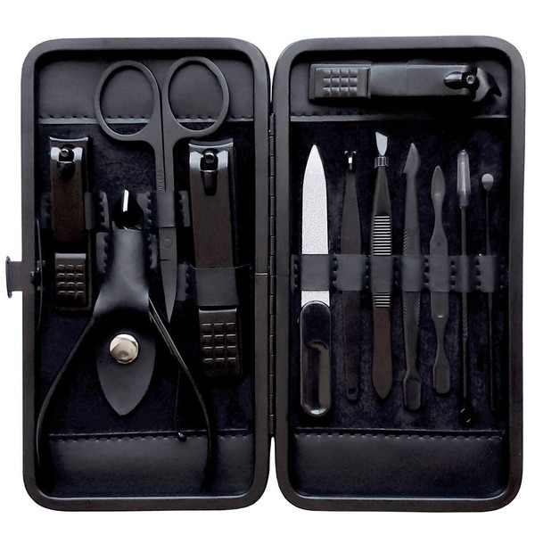 ASH ISLAND Nail Clippers Set - Black Stainless 12 in 1 For Men And Women Manicure Pedicure Travel Kit Luxury Nail File Sharp Nail Scissors Fingernails Toenails with Portable Stylish Case