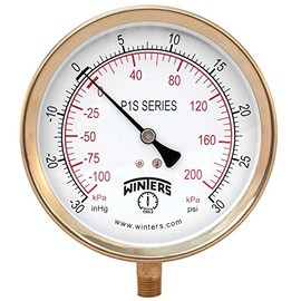 Winters P1S 100 Series Aluminum Dual Scale Pressure Gauge, 30" Hg Vacuum-0-30 psi/kpa, 4-1/2" Dial Display, +/-1% Accuracy, 1/4" NPT Bottom Mount
