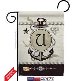 Nautical U Initial Garden Flag Set Wood Dowel Monogram Coastal Anchor Sailor Sea Shells Outdoor Summer Ocean Small Decorative Gift Yard House Banner Double-Sided Made In USA 13 X 18.5