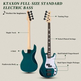 Ktaxon Ktaxon 4 String Electric Bass Guitar, PB-Style Full Size Standard Right Handed Beginner Kit with 20W AMP, Gig Bag, Strap, Upgrade Cable, Guitar Capo for Youths & Adults (Lake Blue)