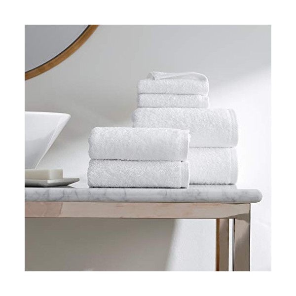 H by Frette Simple Border Junior Suite Bath Bundle - Luxury All-White Bath Linens Bundle / Includes 2 Wash Cloths, 2 Hand Towels, and 2 Bath Towels / 100% Cotton