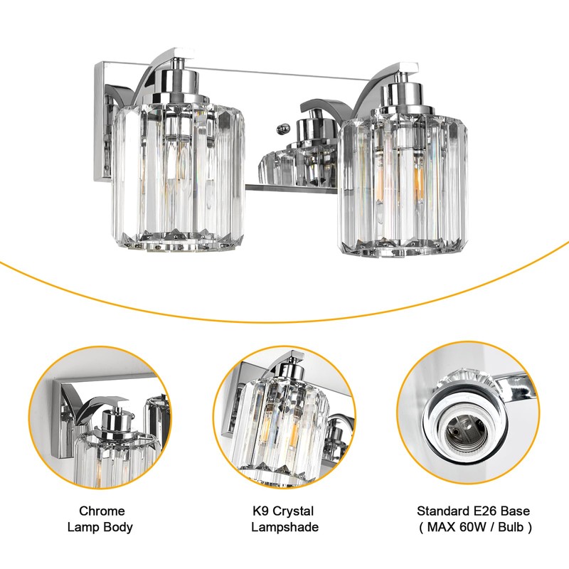 Haolaike 2 Lights Crystal Bathroom Vanity Light Modern Chrome Bathroom