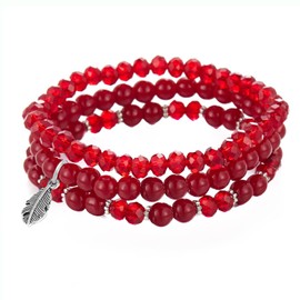 Hernin Women's Crystal Beads Bracelet Stretch Women's Bracelet Boho Pearl Bracelet with Feather Pendant Multilayer Boho Bracelet Bead Bracelet Stretch for Women Ladies