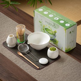 MatchAiA 6 Pcs Matcha Set - Ceramic Bowl with Spout, Matcha Whisk with Holder, Tea Powder Canister, Sifter and Spoon, Complete Kit for Traditional Matcha, Modern Lattes, and Tea Ceremonies (White)