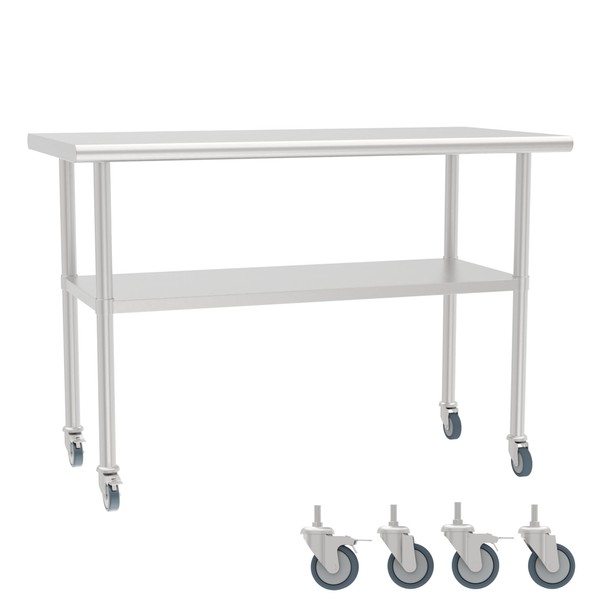 STEELBUS Stainless Steel Work Table with Undershelf and Casters,Flat Top